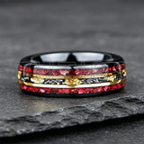 Unique Red Garnet & Meteorite Gold Foil Inlaid With Two-tone Tungsten Wedding Rings