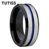 Beveled Edges Grooved Brushed Surface 8mm Black Blue Tungsten Carbide Rings