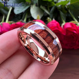 Rosewood Koa Wood Inlay Beveled Polished Finish 8mm Men Women Tungsten Wedding Rings