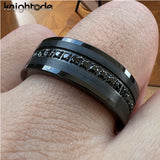 Inlaid Zircon Silver/Black Brushed Finish 8MM Tungsten Steel Wedding Rings