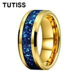 Blue Glass Stone Inlay Beveled Edge Polished 6/8mm Tungsten Carbide Rings