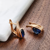 14K Rolled Gold Oval Blue AAA Zircon Crystals Geometric Vintage Simple Elegant Earrings