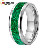 Green Opal Inlay Beveled Polished 6/8mm  Silver/Gold/Blue/Black Tungsten Rings
