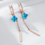 Luxury 14K  Rolled Gold Blue AAA Zircon Diamonds Long Tassel Dangle Earrings