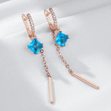 Luxury 14K  Rolled Gold Blue AAA Zircon Diamonds Long Tassel Dangle Earrings