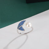 White Pearl Mermaid Tail AAA Blue Cubic Zirconia Crystals Open Silver Ring