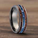Blue Crystal Stone Inlaid Hawaiian Koa Wood 6/8mm Tungsten Carbide Rings