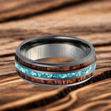 Inlaid Hawaiian Koa Wood Sky Blue Crystal Stone 6/8mm Tungsten Carbide Rings