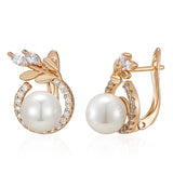 Gorgeous 14K Rolled Rose Gold Pearl Earings with AAA Zirconia Crystals - Luxury Fine Daily Jewellery