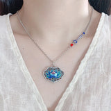 Fashion 925 Silver Hadmade Enamel Blue Lotus Flower Heart Sutra Necklace