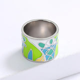 New Arrival Green Enamel Leaf Shape Handmade Wide Ring