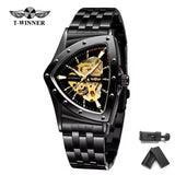 New Mechanical Watch Fashion Business Golden Stainless Steel Brand Waterproof Triangle Skeleton Wrist Watches