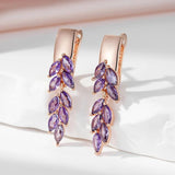 Luxury 14K Rolled Rose Gold Purple AAA Zircon Crystals Leaf-Shaped Dangle Earrings For Women - Fashion Jewellery