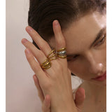 18K Gold Plated Glossy Stainless Steel Layered Hollow Distinctive Geometric Open Ring