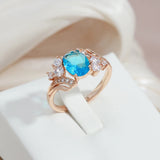 Shiny Blue Oval  Peach Heart Cutting Filled 14K Rose Gold AAA Zircon Crystals Rings For Women, Luxury Jewellery