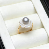 Luxury Flower Design 925 Silver Real Freshwater Pearl Adjustable Ring