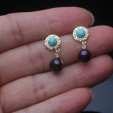 Elegant Cultured Multicolour Pearls AAA Zircon Diamonds Turquoise Stones Silver Earrings