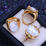 Elegant Natural Freshwater12-16mm Big Baroque Pearl Silver Gold Colour Ring