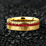Hammered Faceted Brushed Finish Red Crystal Stone Inlay Gold Color Tungsten Rings
