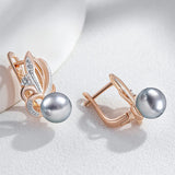 14 Karat Gold Filled AAA Zircon Diamonds Flower Grey Pearl Drop Earrings for Women