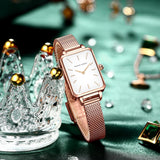 New Elegant Square Women Stainless Steel Mesh Strap Fashion Japanese Movement Rose Gold Tone Leisure Fashion Watches