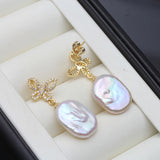 Beautiful Real Big Natural Baroque Pearl AAA Zircon Diamonds Drop Earrings