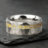 6/8mm Hammered Offset Groove Inlaid Moonstone Gold Foil Tungsten Carbide Rings