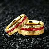 Hammered Faceted Brushed Finish Red Crystal Stone Inlay Gold Color Tungsten Rings