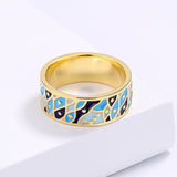 Classic Wide Gold Ring Blue Epoxy Handmade Enamel Small Fish Shape Ring