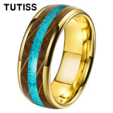 Amazing Whiskey Barrel Oak Wood Crushed Turquoise Inlay Tungsten Carbide Rings