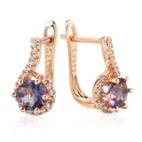 Vintage Style 14K Rolled Rose Gold Full AAA Zircon Crystal Surround Purple Drop Sparkling Earrings for Women