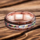 Inlaid Hawaiian Koa Wood Crushed Fire Opal 6/8mm Black Tungsten Carbide Rings