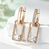 14 Karat Rolled Gold Shiny White AAA Zircon Diamonds Square Long Drop Earrings For Women