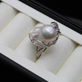 Real Freshwater Natural Baroque Large Pearl AAA Zircon Diamonds Silver Ring