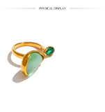 14K Gold Plated Stainless Steel Green Natural Stone AAA Zirconia Water Drop Geometric Ring