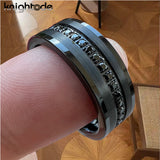 Inlaid Zircon Silver/Black Brushed Finish 8MM Tungsten Steel Wedding Rings