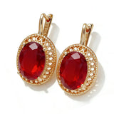 14K Filled Gold Retro Ethnic Red Big Oval AAA Zircon Crystals Drop Earrings