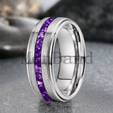 Purple Crystal Stone Inlay Brushed Finish Silver Finish 6/8MM Tungsten Rings