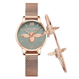 Elegant Luxury 3D Engraved Bee Dial Ladies Watch Rose Gold Plated 31mm Classic Casual Dress Watch with Bracelet Set