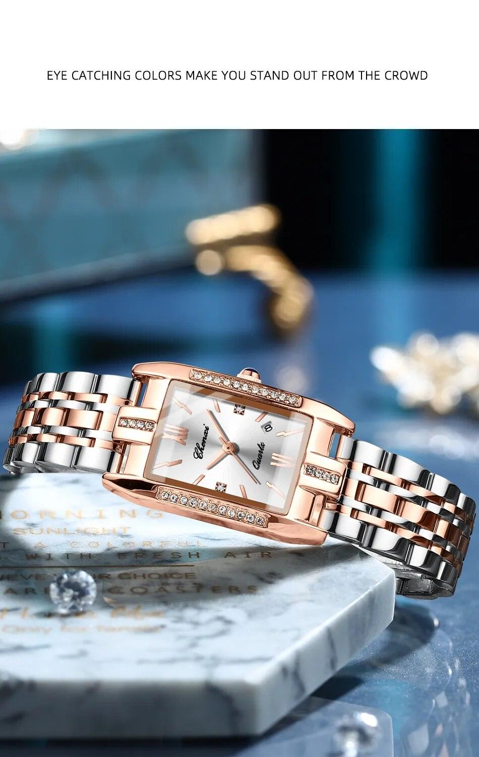 Luxury Elegant Fashion Brand Stainless Steel Bracelet Creative Unique Rectangle Quality Wristwatches For Ladies - The Jewellery Supermarket