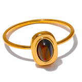 18K Gold Plated Fashion Natural Stone Stainless Steel Oval Thin Chic Ring for Women