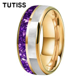 Purple Crystal Stone and White Seashell Inlay 6/8mm Gold Tungsten Carbide Rings