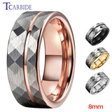 Multi-Faceted Brushed Offset Grooved  Hammer Finish 8MM Tungsten Wedding Rings