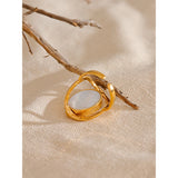 18K Gold Plated Exquisite Stainless Steel Natural Stone Shell Rotatable Open Unique Ring