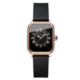 New Women's Square Watch - Fashion Silicone Strap Simulated Smart Dial 35mm Black Rose Gold Quartz Movement Watch