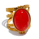 18K Gold Plated Red Black Green Stone Stainless Steel Open Adjustable Popular Fashion Ring