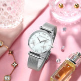 New Elegant Dragonfly Design White Oyster Pearl Shell Scallop Dial Quartz Ladies Watch Stainless Steel Women Watches