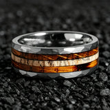 Classic Whiskey Barrel Oak Wood Deer Antler Inlay Tungsten Rings for Men Women