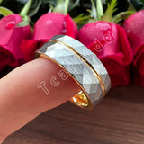 Multi-Faceted Brushed Offset Grooved  Hammer Finish 8MM Tungsten Wedding Rings