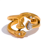 18K Gold Plated New Design Stainless Steel Face Mouth Eye AAA Zircon Diamond Mask Ring